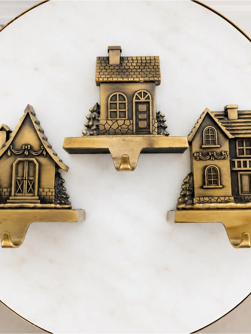 Vintage 1990’s Brass Christmas Village Stocking Holders Set/3 House Mantel Hooks